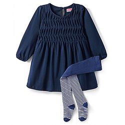 Babyhug Single Jersey Knit Full Sleeves Solid Colour Frock With Stockings - Navy Blue