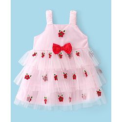 Babyhug Single Jersey Knit Sleeveless Layered Frock with Floral Embroidery & Bow Applique - Coral