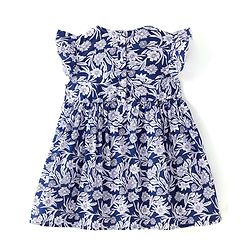Babyhug Cotton Knit Frill Sleeves Frock With Floral Print - Navy Blue