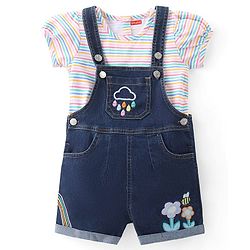 Babyhug 100% Cotton Woven Dungaree and Half Sleeves Striped T-Shirt Set with Floral & Bees Patch - Blue
