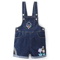 Babyhug 100% Cotton Woven Dungaree and Half Sleeves Striped T-Shirt Set with Floral & Bees Patch - Blue