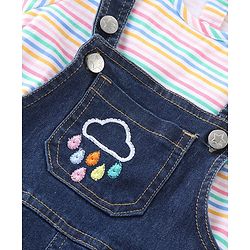 Babyhug 100% Cotton Woven Dungaree and Half Sleeves Striped T-Shirt Set with Floral & Bees Patch - Blue