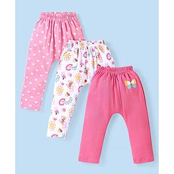 Babyhug Cotton Knit Full Length Diaper Leggings Hearts & Butterfly Print Pack of 3 - Multicolour