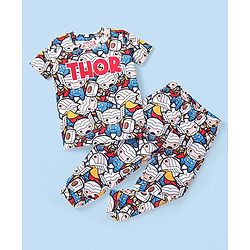 Babyhug Marvel Cotton Knit Half Sleeves Night Suit With Thor Graphics - Multicolor