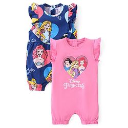 Babyhug Disney Single Jersey Knit Frill Sleeves Rompers with Disney Princess Print Pack of 2 - Navy Blue & Pink