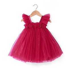 Babyhug Frill Sleeves Shimmered  A Line Party Frock with Floral Applique - Dark Pink