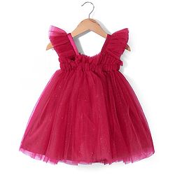 Babyhug Frill Sleeves Shimmered  A Line Party Frock with Floral Applique - Dark Pink