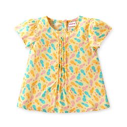 Babyhug Cotton Woven Half Sleeves Top & Denim Shorts Set With Pineapple Print - Yellow & Blue