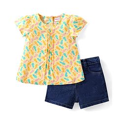 Babyhug Cotton Woven Half Sleeves Top & Denim Shorts Set With Pineapple Print - Yellow & Blue