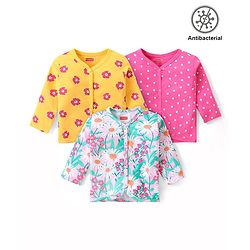 Babyhug 100% Cotton Knit  Antibacterial Full Sleeves  Front Open Set of Vest with Polka Dots & Floral Print Pack of 3 - Multicolour