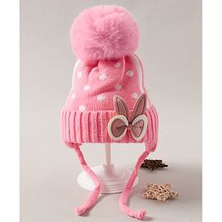 Babyhug Pom Pom Woollen  Cap with Knot Polka Dot Design  - Pink