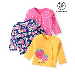 Babyhug 100% Cotton Knit Antibacterial Front Open Full Sleeves Vests with Floral & Polka Dots Print Pack of 3 - Multicolour