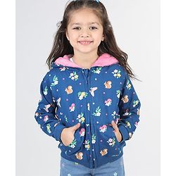 Babyhug Full Sleeve Front Open Hooded  Sweat Jacket with Floral Print & Pocket Detailing  - Blue