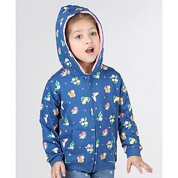 Babyhug Full Sleeve Front Open Hooded  Sweat Jacket with Floral Print & Pocket Detailing  - Blue