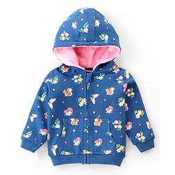 Babyhug Full Sleeve Front Open Hooded  Sweat Jacket with Floral Print & Pocket Detailing  - Blue