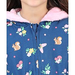 Babyhug Full Sleeve Front Open Hooded  Sweat Jacket with Floral Print & Pocket Detailing  - Blue