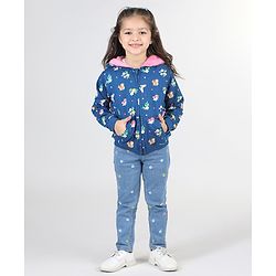 Babyhug Full Sleeve Front Open Hooded  Sweat Jacket with Floral Print & Pocket Detailing  - Blue