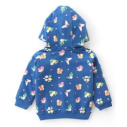 Babyhug Full Sleeve Front Open Hooded  Sweat Jacket with Floral Print & Pocket Detailing  - Blue