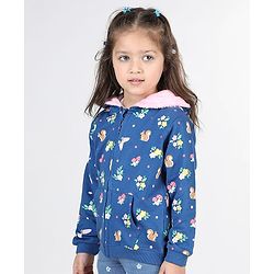 Babyhug Full Sleeve Front Open Hooded  Sweat Jacket with Floral Print & Pocket Detailing  - Blue