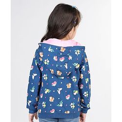 Babyhug Full Sleeve Front Open Hooded  Sweat Jacket with Floral Print & Pocket Detailing  - Blue