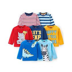Babyhug Cotton Knit   Full Sleeves T-Shirts with Striped & Animal Print Pack of 7 - Blue Yellow & Red