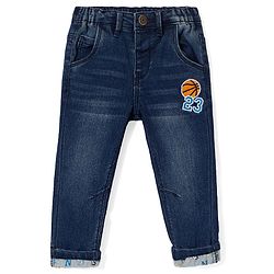 Babyhug Denim Stretchable Jeans With Basketball Embroidery - Blue