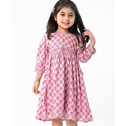 Babyhug Cotton Three Fourth Sleeves Ethnic Dress with Tassle Detailing Floral Print - Pink