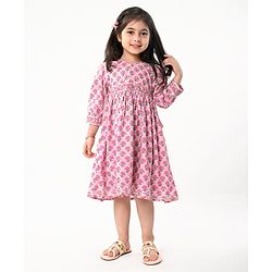 Babyhug Cotton Three Fourth Sleeves Ethnic Dress with Tassle Detailing Floral Print - Pink
