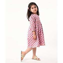 Babyhug Cotton Three Fourth Sleeves Ethnic Dress with Tassle Detailing Floral Print - Pink
