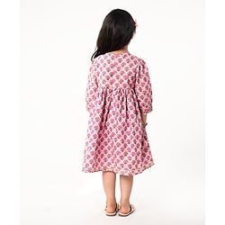Babyhug Cotton Three Fourth Sleeves Ethnic Dress with Tassle Detailing Floral Print - Pink