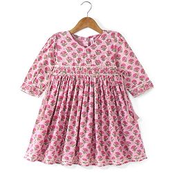 Babyhug Cotton Three Fourth Sleeves Ethnic Dress with Tassle Detailing Floral Print - Pink