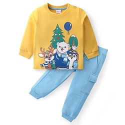 Babyhug Cotton Knit Full Sleeves T-Shirt & Lounge Pants Set With Animals Print - Yellow & Blue