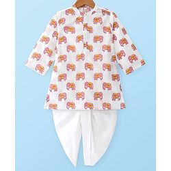 Babyhug Cotton Full Sleeves Kurta Dhoti Set Elephant Print - White