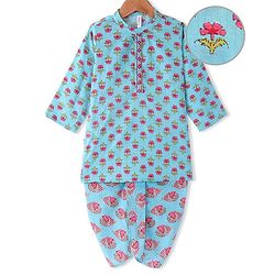 Babyhug Cotton Woven Full Sleeves Floral Printed Kurta Dhoti Set - Light Blue