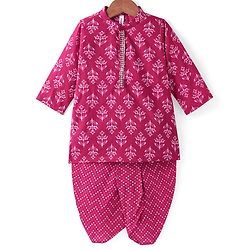 Babyhug Cotton Woven Full Sleeves Floral Printed Kurta & Dhoti Set - Dark Pink
