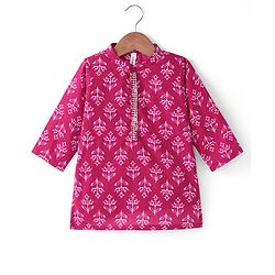 Babyhug Cotton Woven Full Sleeves Floral Printed Kurta & Dhoti Set - Dark Pink