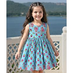 Babyhug Cotton Woven Sleeveless Ethnic Frock with Floral Print & Sequin Detailing - Blue