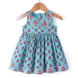 Babyhug Cotton Woven Sleeveless Ethnic Frock with Floral Print & Sequin Detailing - Blue