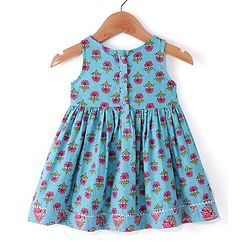 Babyhug Cotton Woven Sleeveless Ethnic Frock with Floral Print & Sequin Detailing - Blue