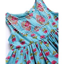 Babyhug Cotton Woven Sleeveless Ethnic Frock with Floral Print & Sequin Detailing - Blue