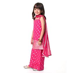 Babyhug Woven Sleeveless Brocade Kurti Palazzo & Dupatta Set Kolka Print - Fuschia