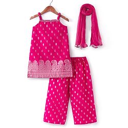 Babyhug Woven Sleeveless Brocade Kurti Palazzo & Dupatta Set Kolka Print - Fuschia