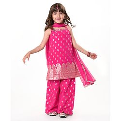 Babyhug Woven Sleeveless Brocade Kurti Palazzo & Dupatta Set Kolka Print - Fuschia