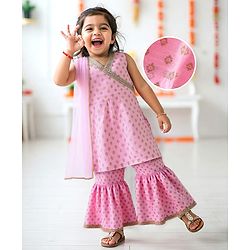 Babyhug Woven Sleeveless Floral Printed Kurta Gharara & Dupatta with Lace Detailing - Pink