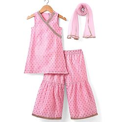 Babyhug Woven Sleeveless Floral Printed Kurta Gharara & Dupatta with Lace Detailing - Pink