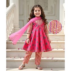 Babyhug Cotton Woven Three Fourth Sleeves  Floral Printed  Anarkali & Dupatta Suit Set - Dark Pink
