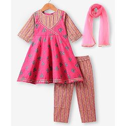 Babyhug Cotton Woven Three Fourth Sleeves  Floral Printed  Anarkali & Dupatta Suit Set - Dark Pink