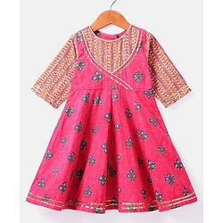 Babyhug Cotton Woven Three Fourth Sleeves  Floral Printed  Anarkali & Dupatta Suit Set - Dark Pink