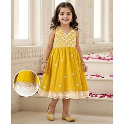 Babyhug Woven Sleeveless Floral Embroidered Ethnic Dress - Yellow