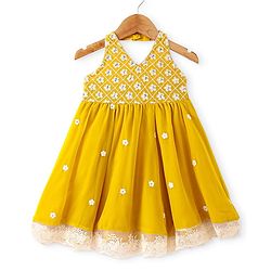 Babyhug Woven Sleeveless Floral Embroidered Ethnic Dress - Yellow